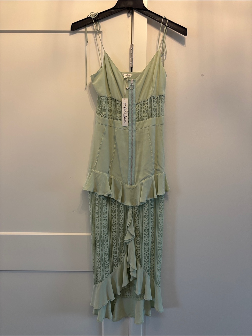 NWT For Love & Lemons Lovebird Lace Midi Dress Sage Green S High Low Zipper